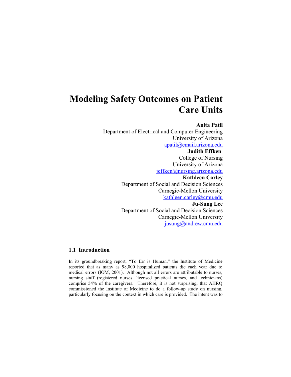 Modeling Safety Outcomes on Patient Care Units