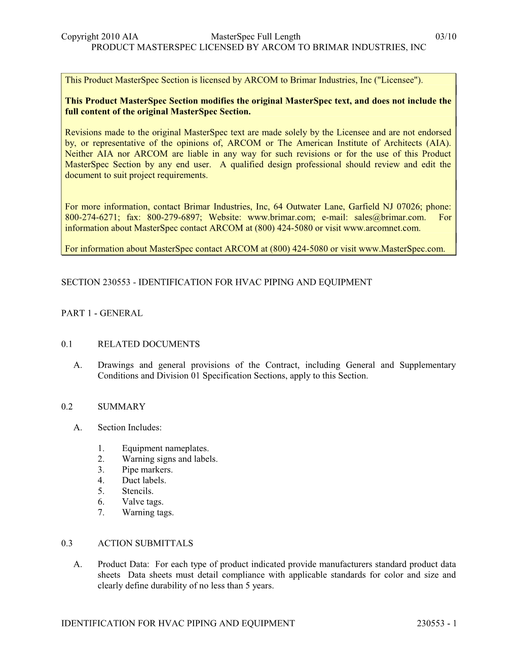 Section 230553 - Identification for Hvac Piping and Equipment