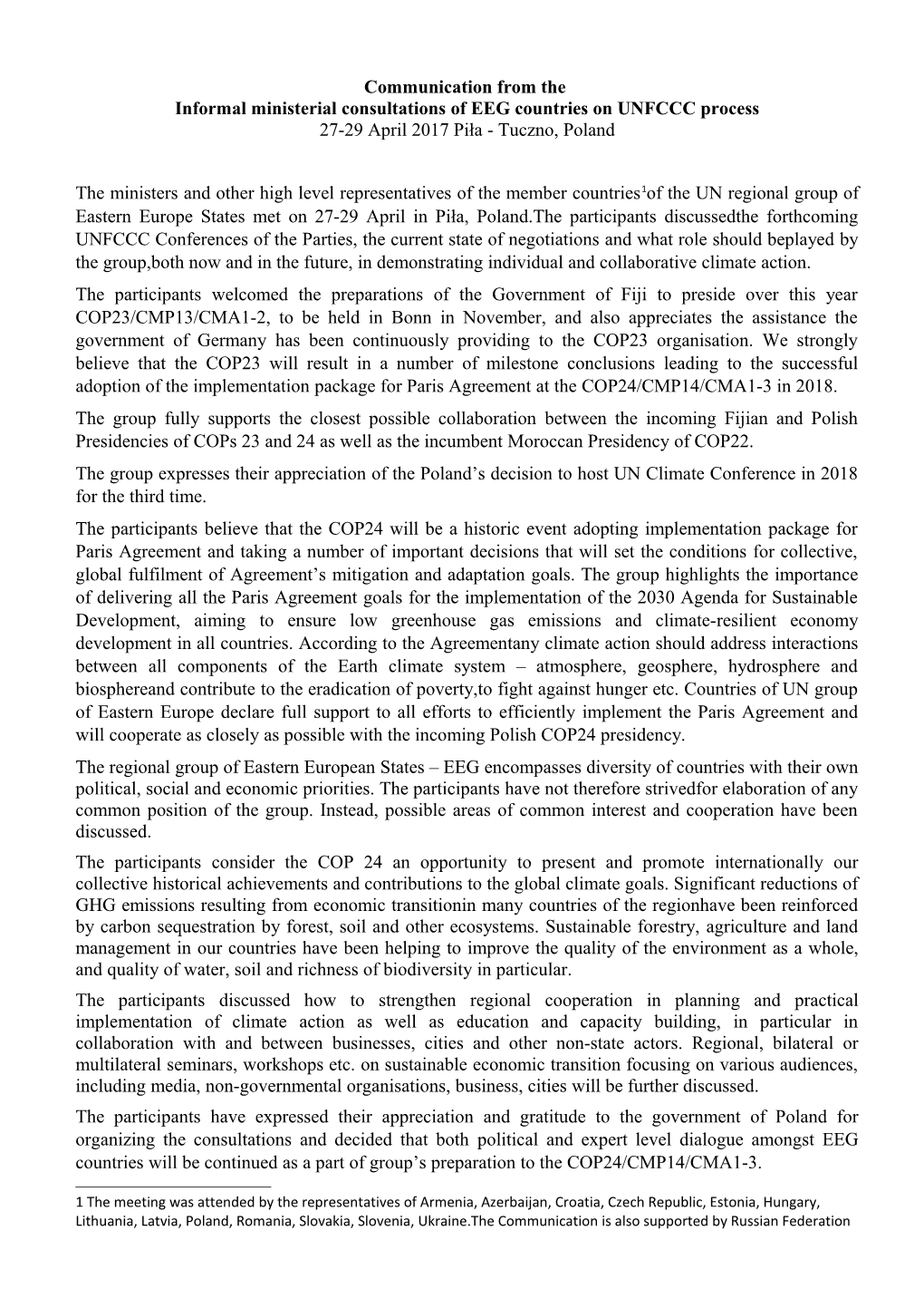 Informal Ministerial Consultations of EEG Countries on UNFCCC Process