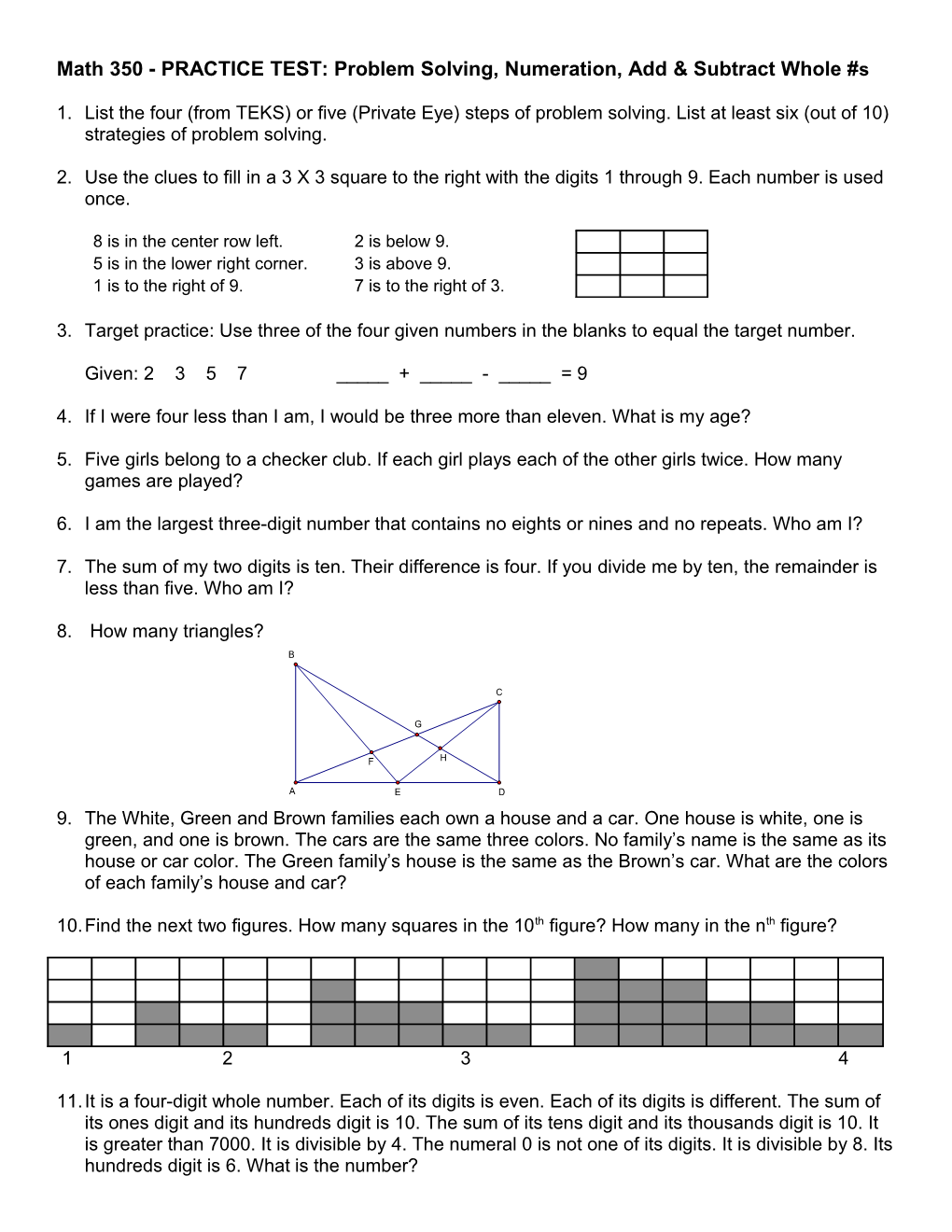 Math 350 - PRACTICE TEST: Problem Solving, Numeration, Add & Subtract Whole #S