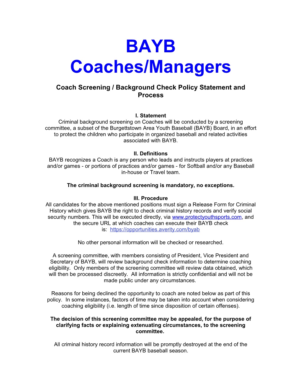 BAYB Coaches/Managers