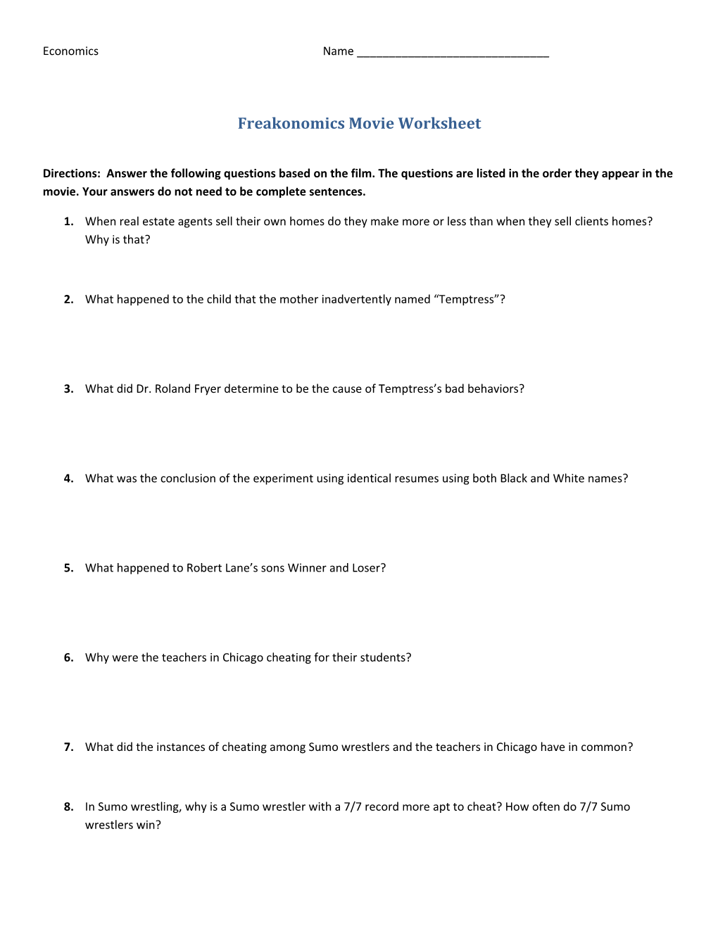 Freakonomics Movie Worksheet