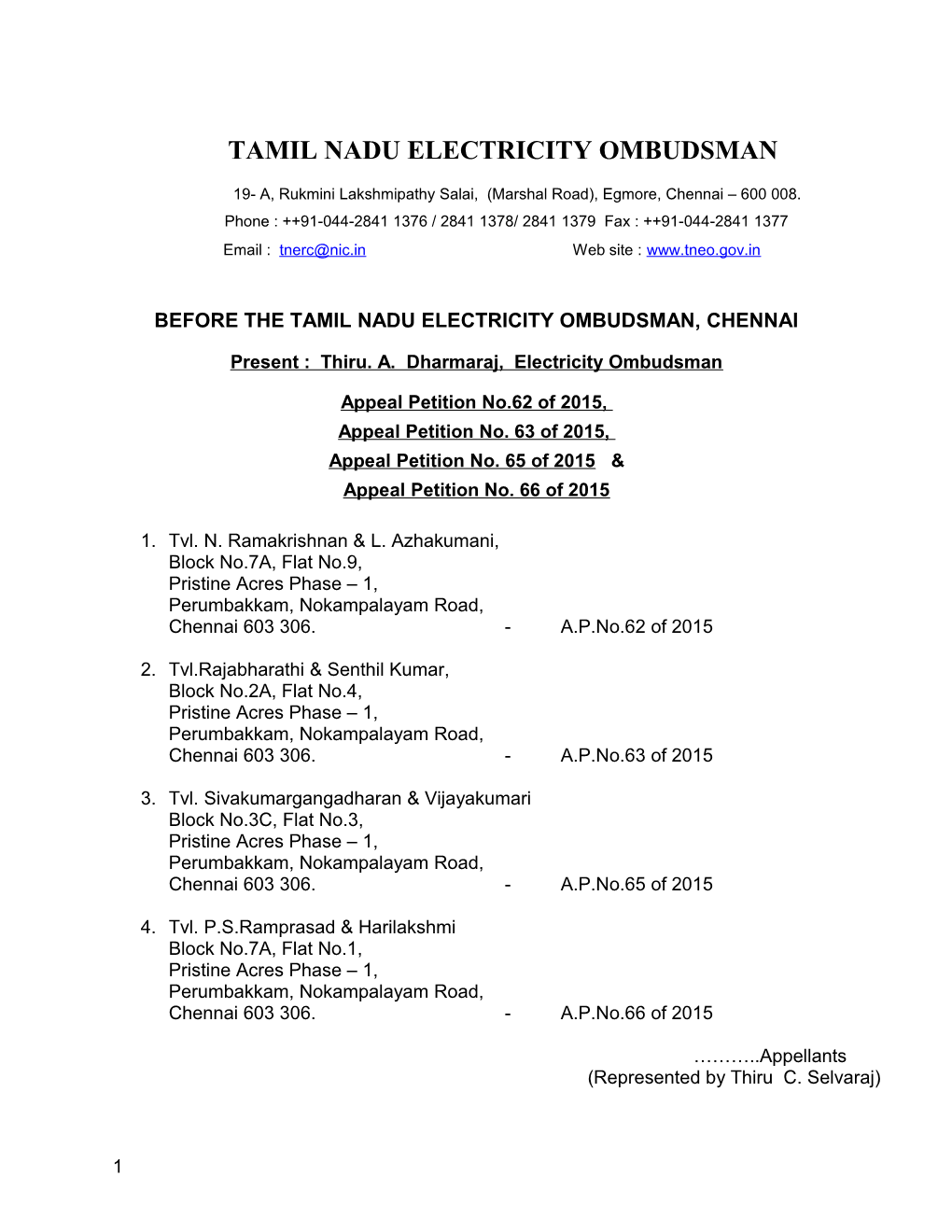 Before the Tamil Nadu Electricity Ombudsman, Chennai