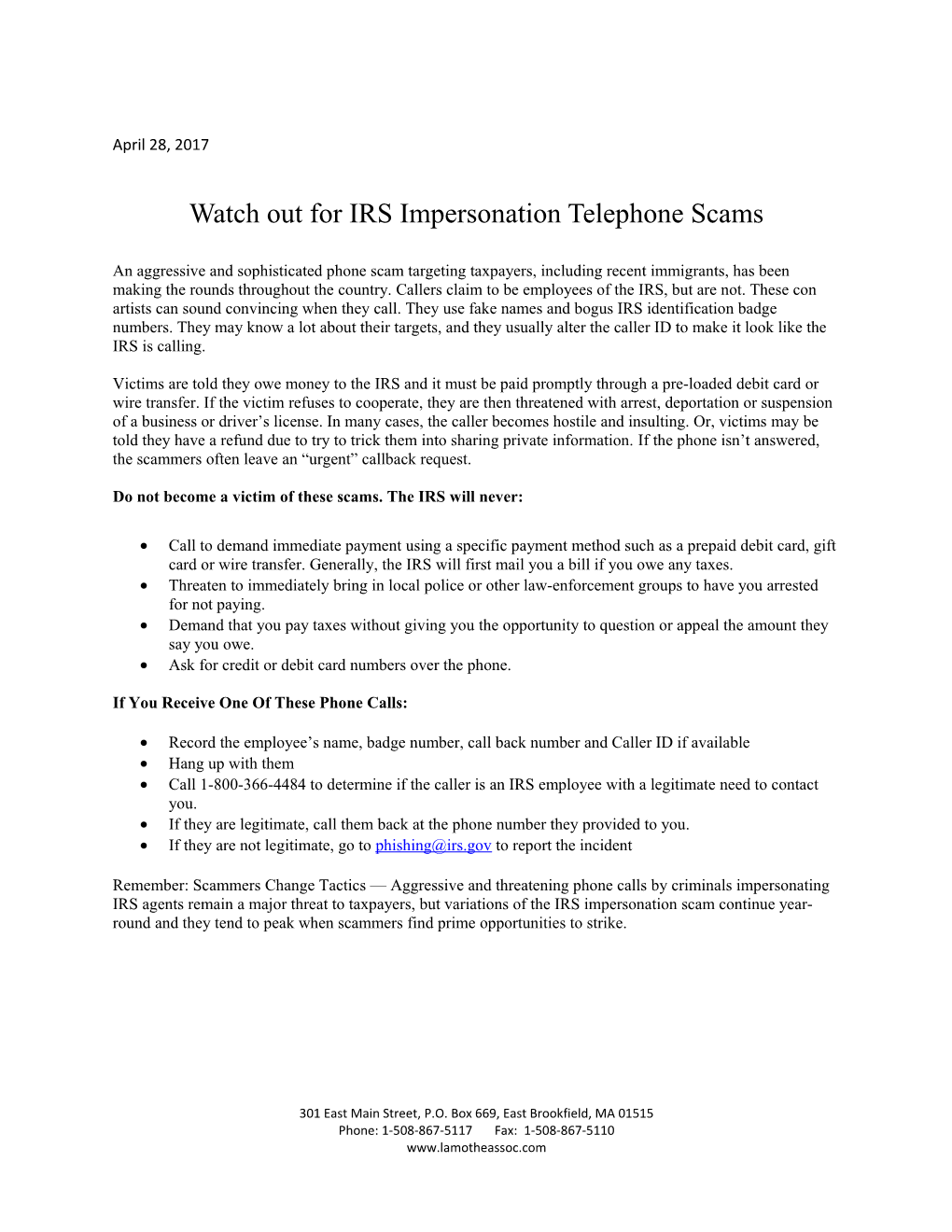 Watch out for IRS Impersonation Telephone Scams