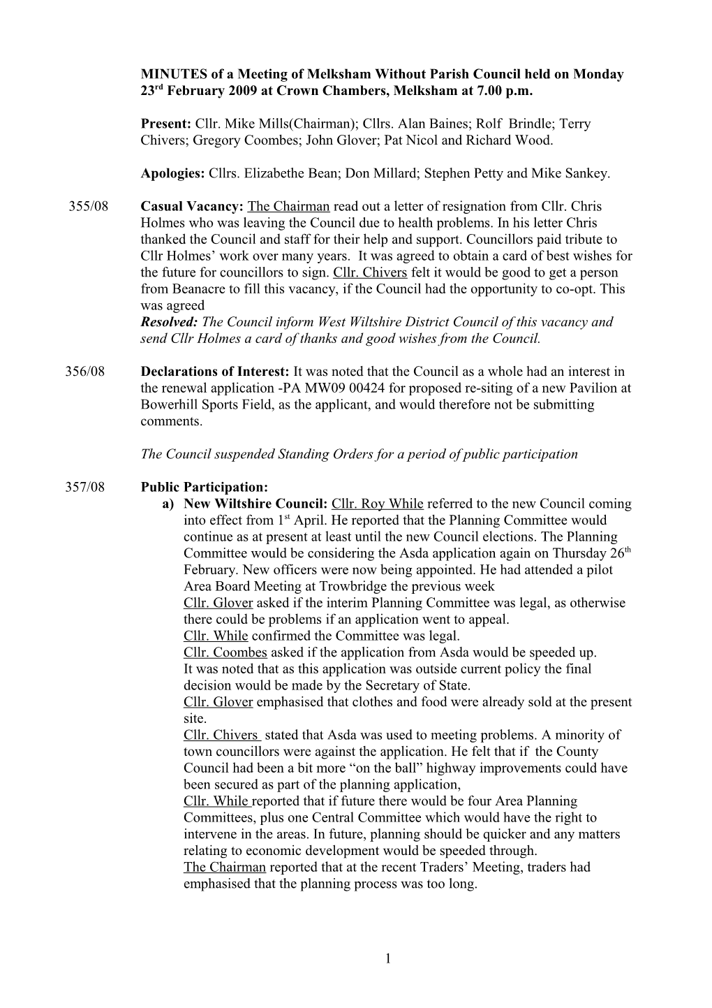 MINUTES of a Meeting of Melksham Without Parish Council Held on Monday 23Rd February 2009