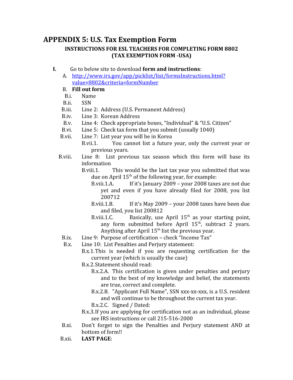 Instructions for Esl Teachers for Completing Form 8802