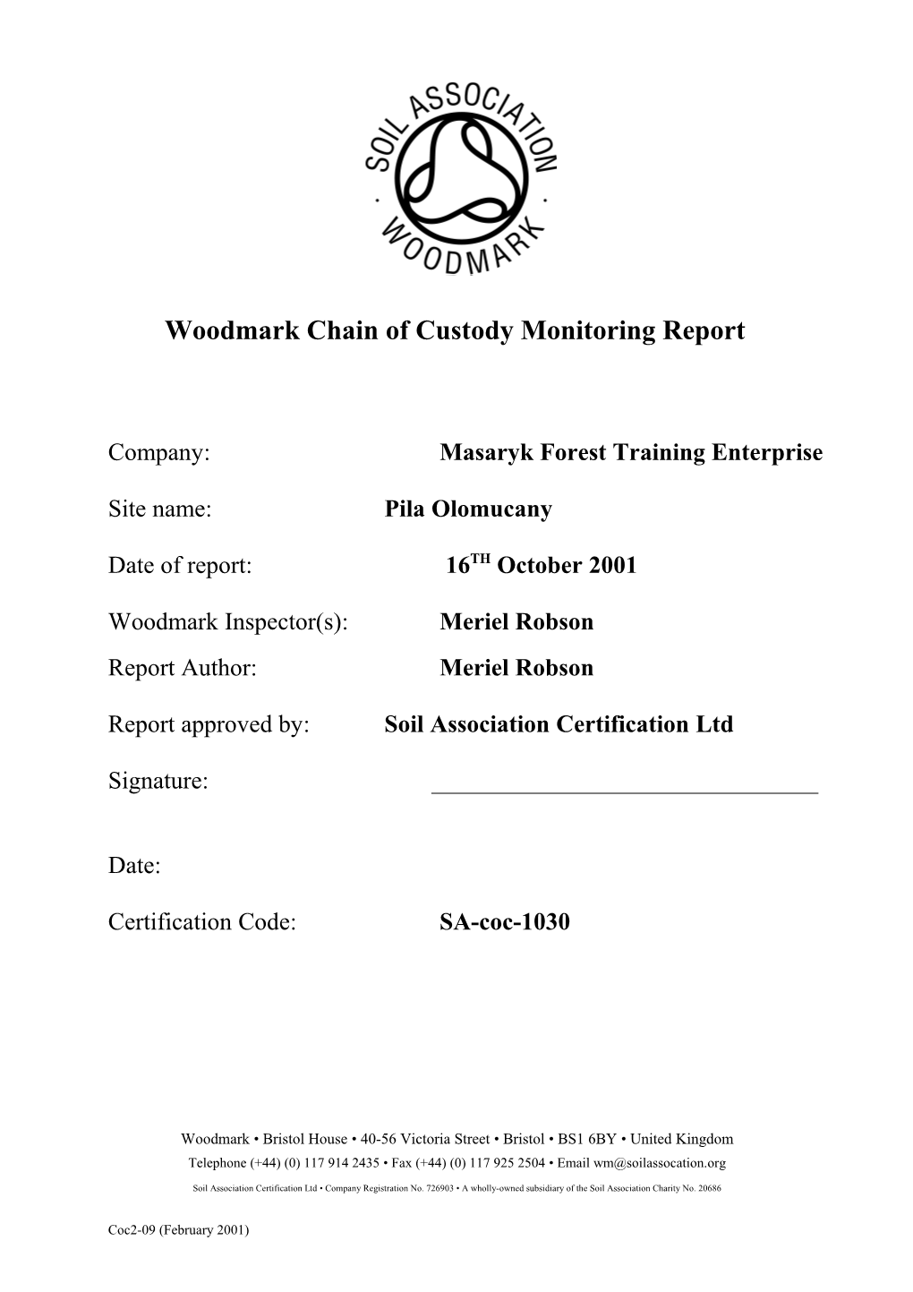 Woodmark Chain of Custody Monitoring Report
