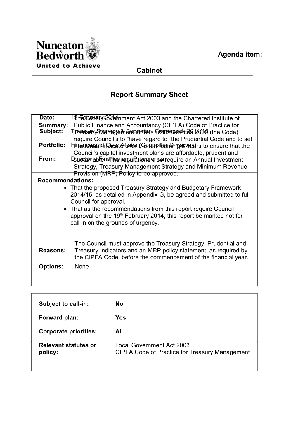 Report Summary Sheet