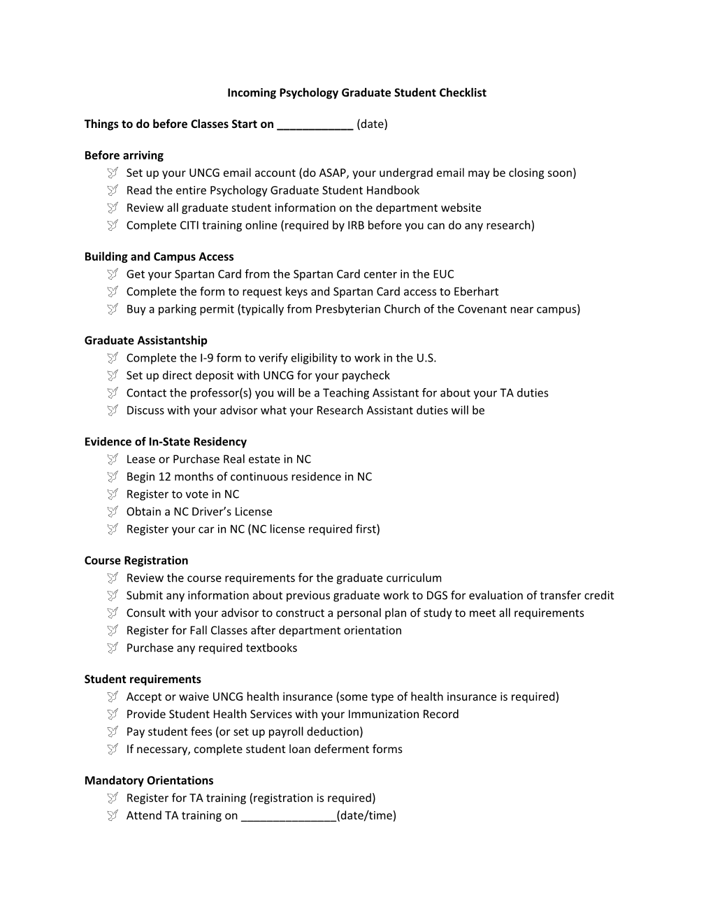 Incoming Psychology Graduate Student Checklist