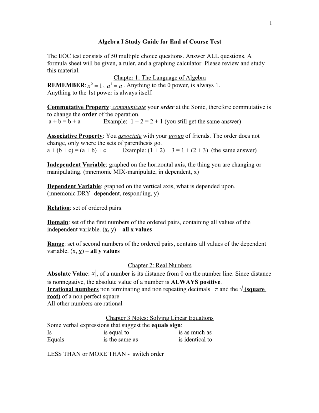 Algebra I Study Guide for End of Course Test