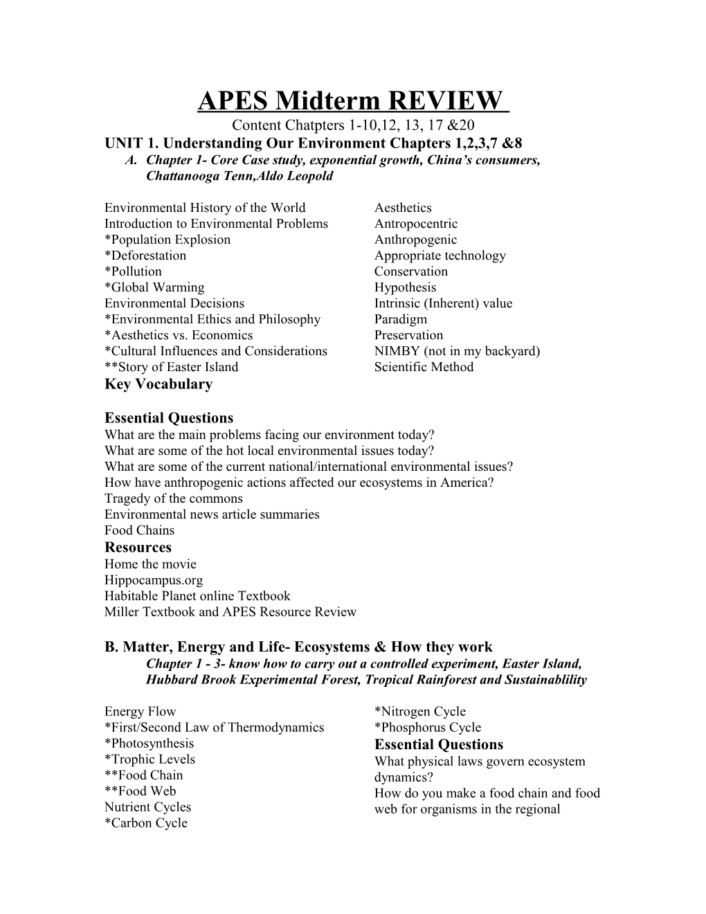 UNIT 1. Understanding Our Environment Chapters 1,2,3,7 &8