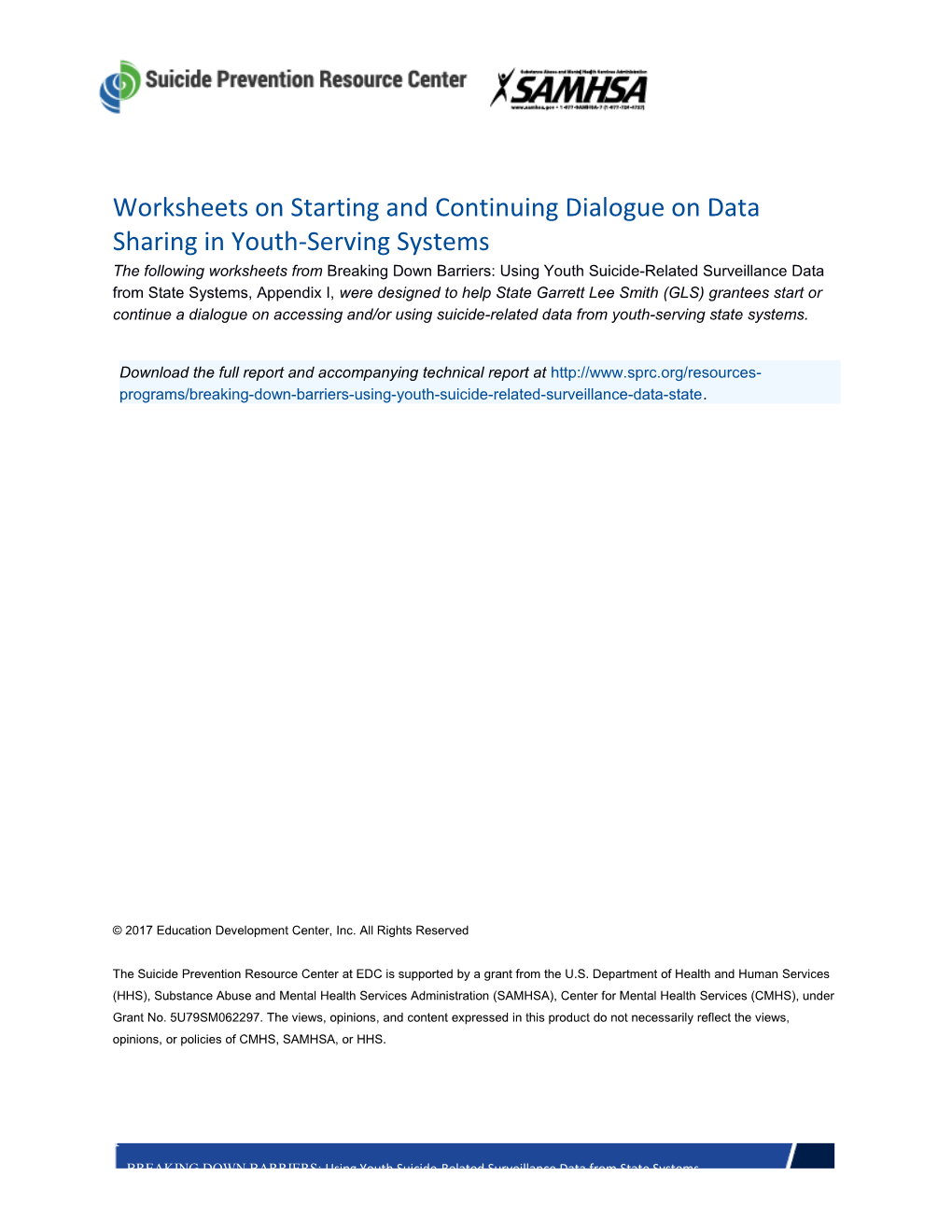 Worksheets on Starting and Continuing Dialogue on Data Sharing in Youth-Serving Systems