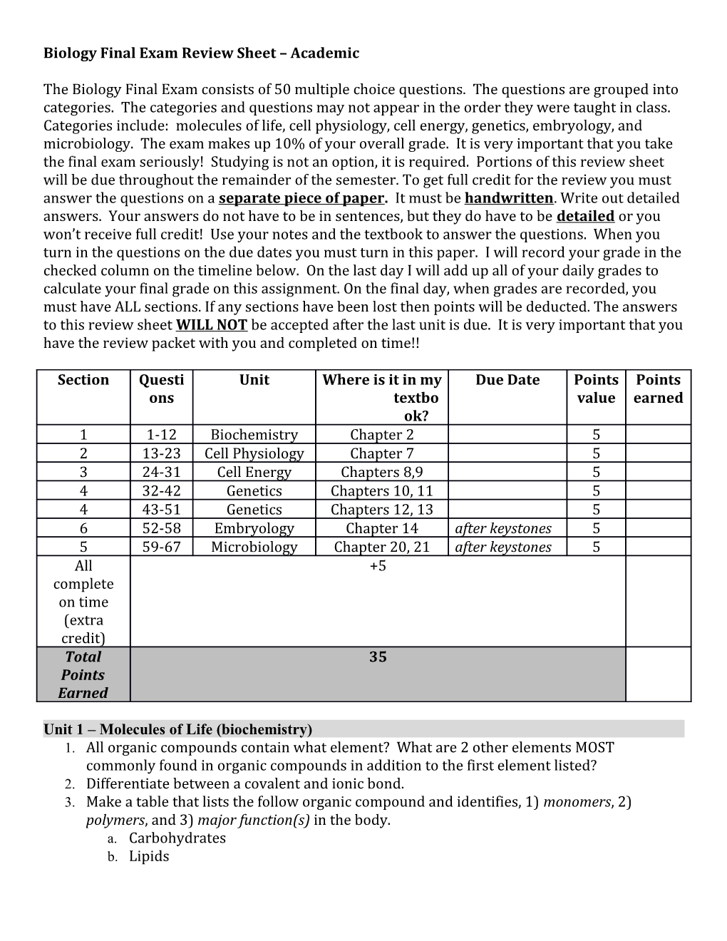 Biology Final Exam Review Sheet Academic