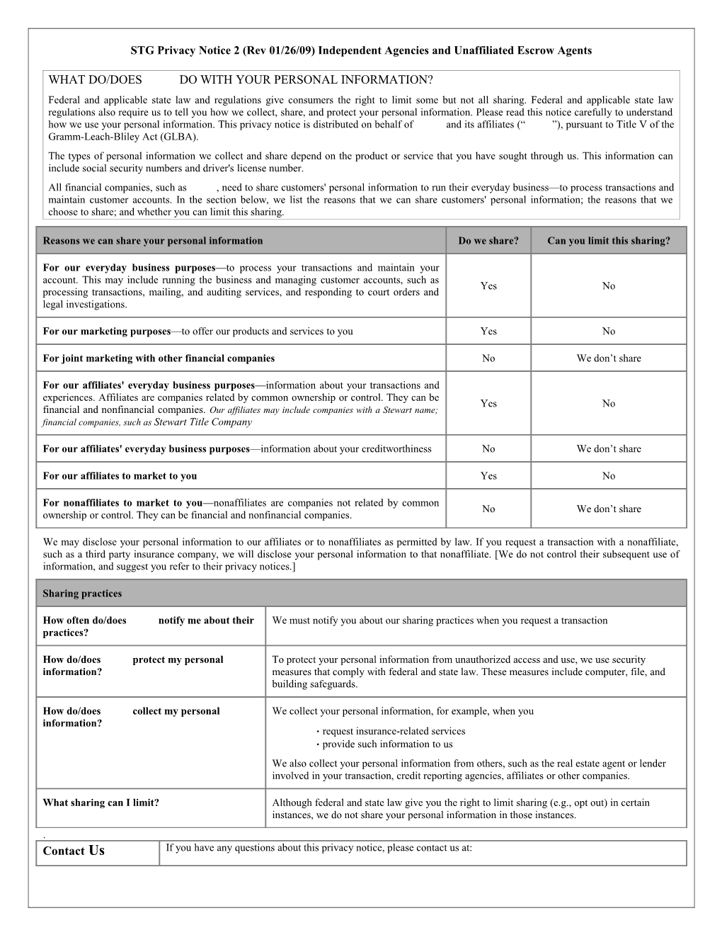 STG Privacy Notice 1 (Rev 01/26/09) Stewart Title Companies