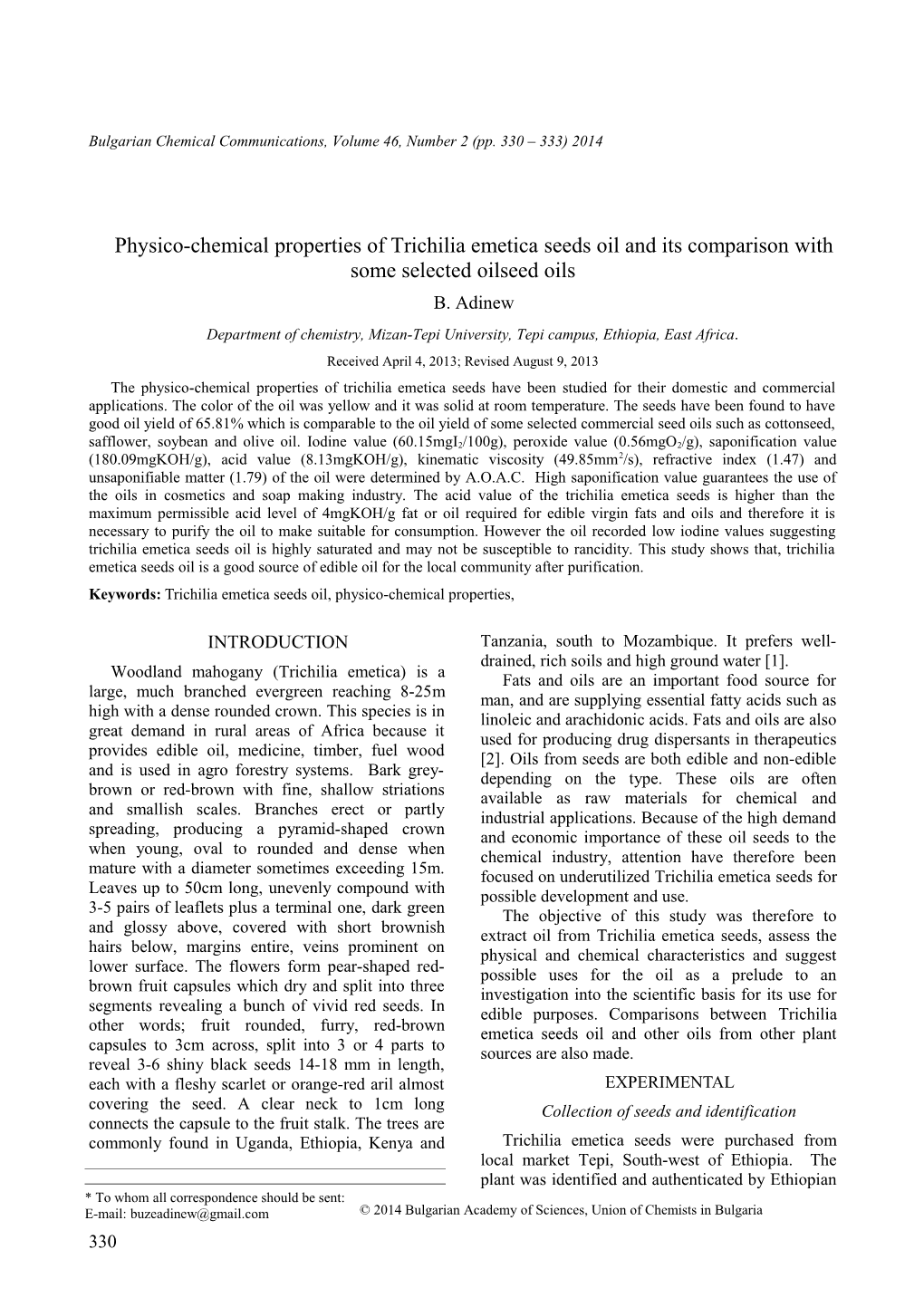 Physico-Chemical Properties of Trichilia Emetic Seeds Oil and Its Comparison with Some