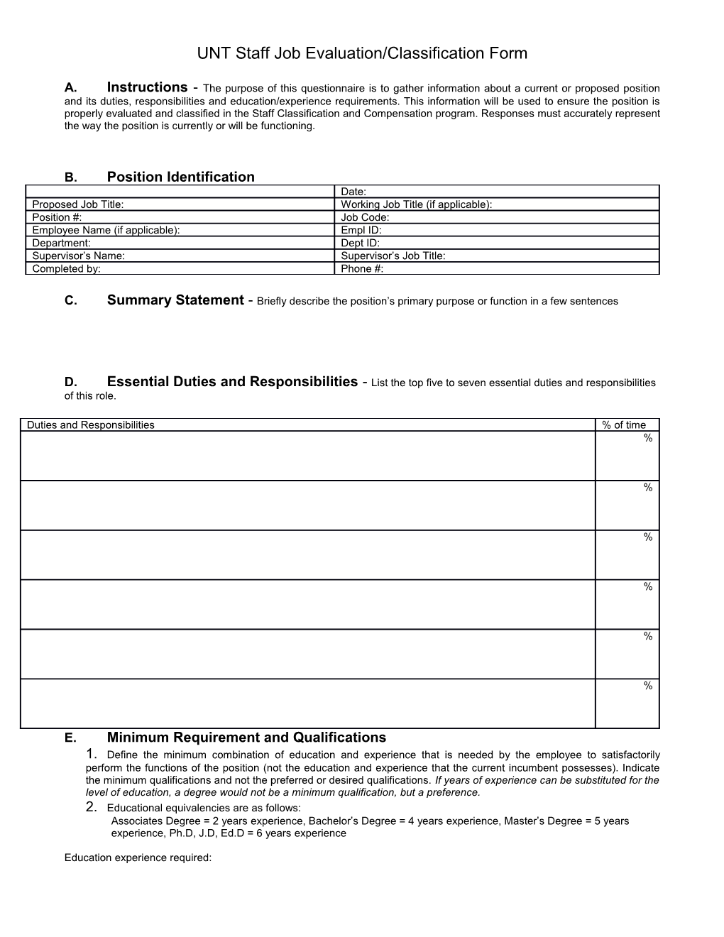 UNT Staff Job Evaluation/Classification Form