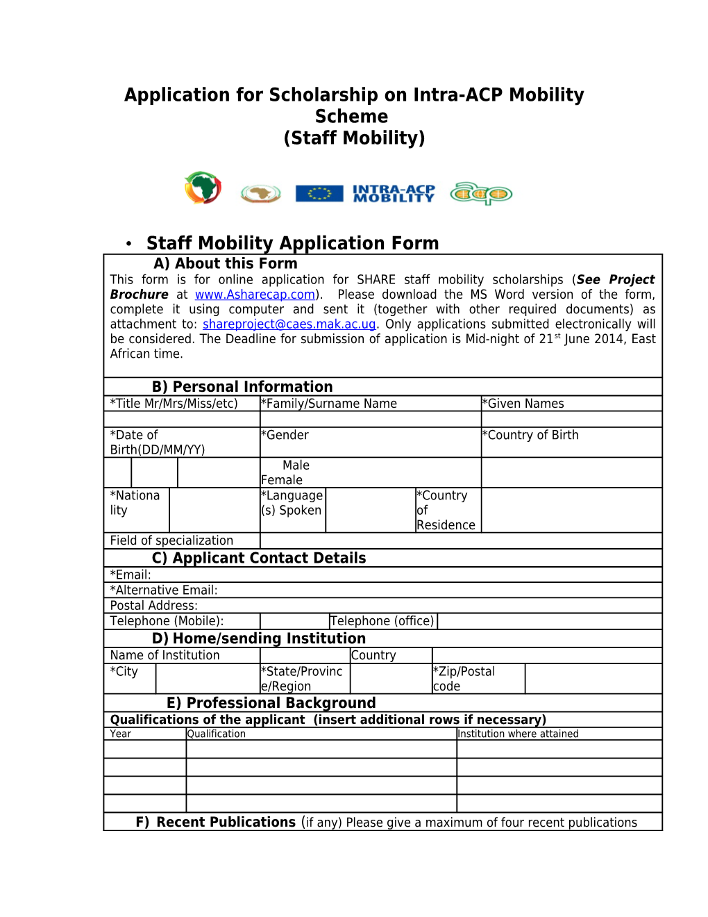 Application for Scholarship on Intra-ACP Mobility Scheme (Staff Mobility)
