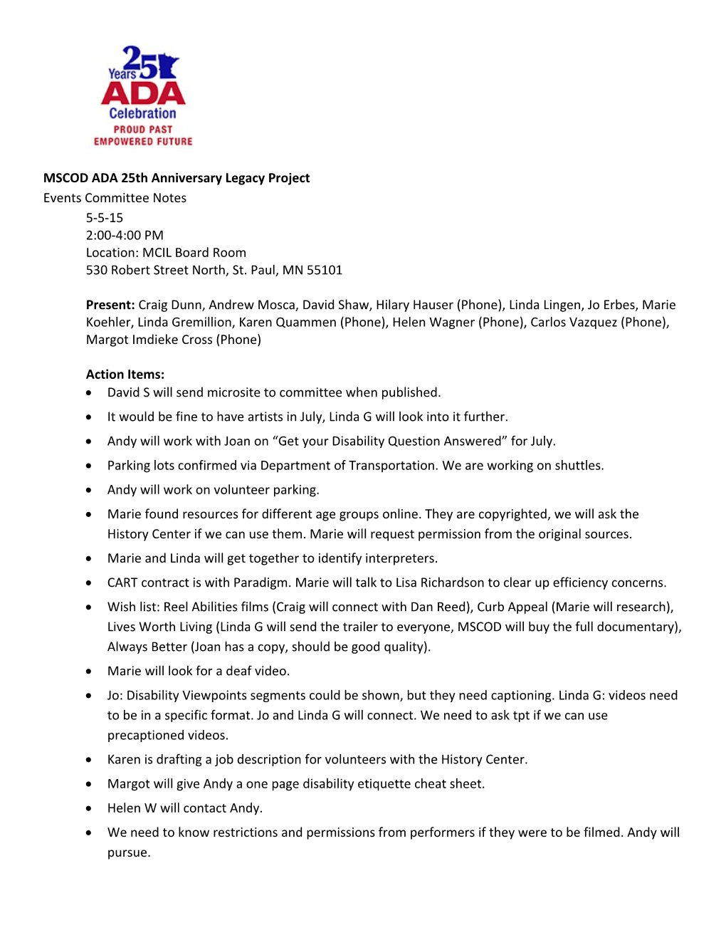 Events Committee Notes, 5-5-15