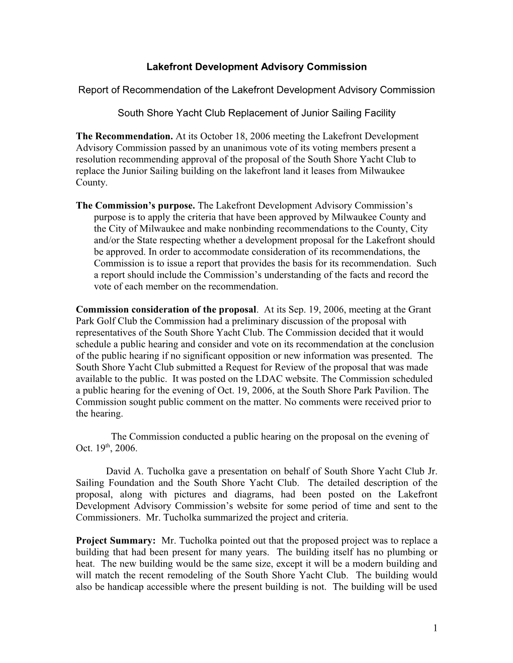 Report of Recommendation of the Lakefront Development Advisory Commission