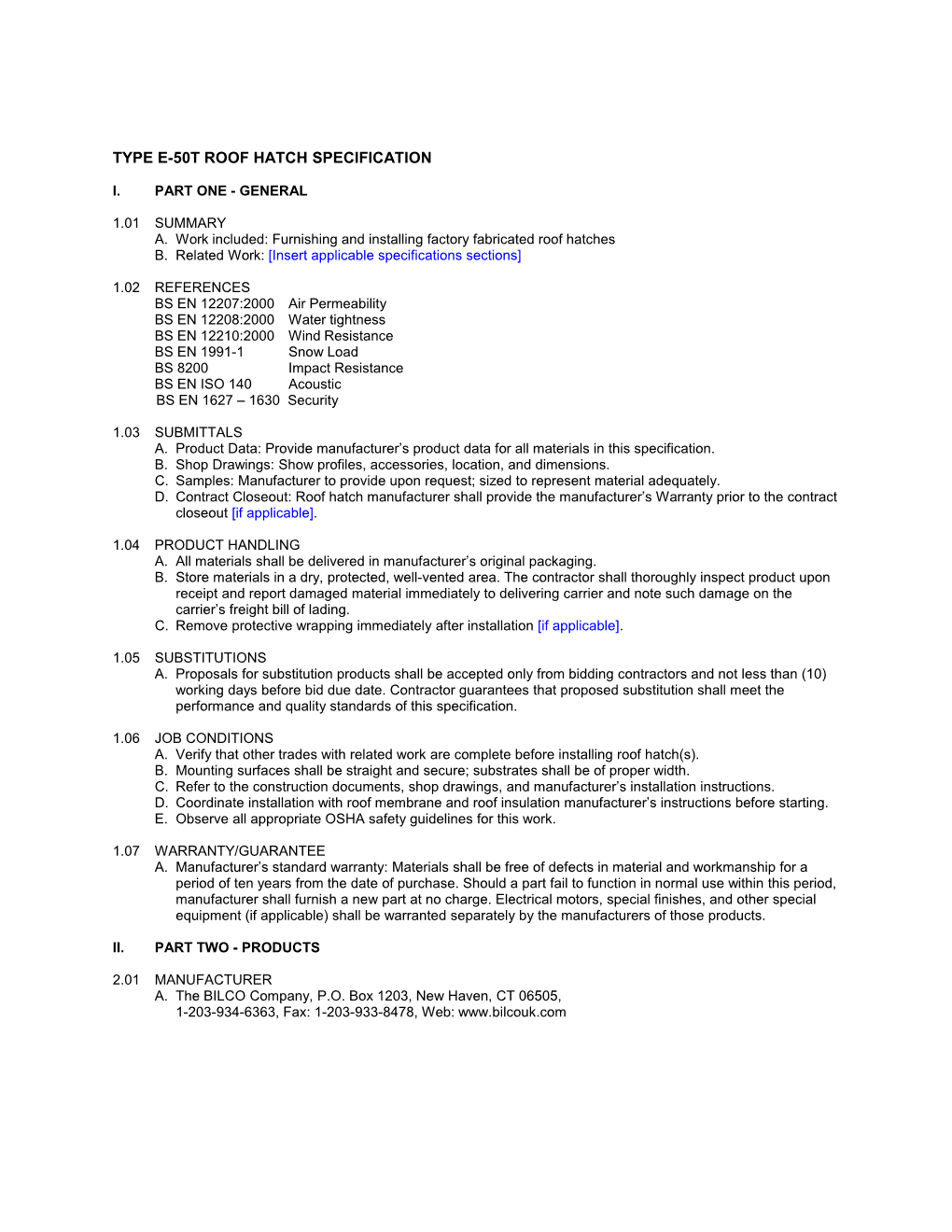 Type E-50T Roof Hatch Specification