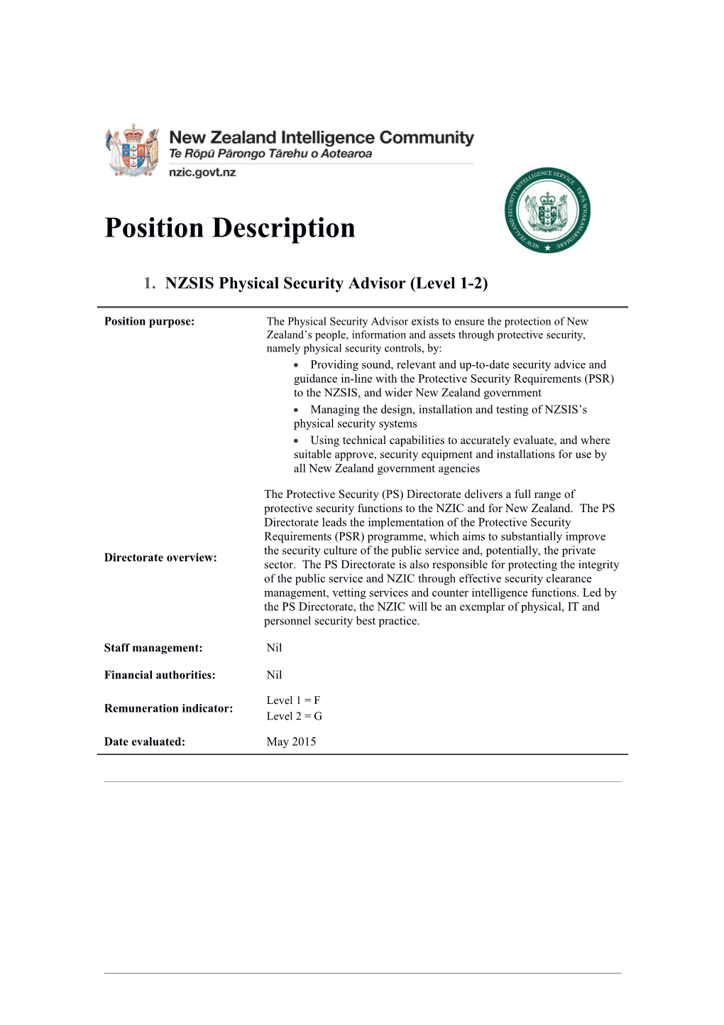 NZSIS Physical Security Advisor (Level 1-2)