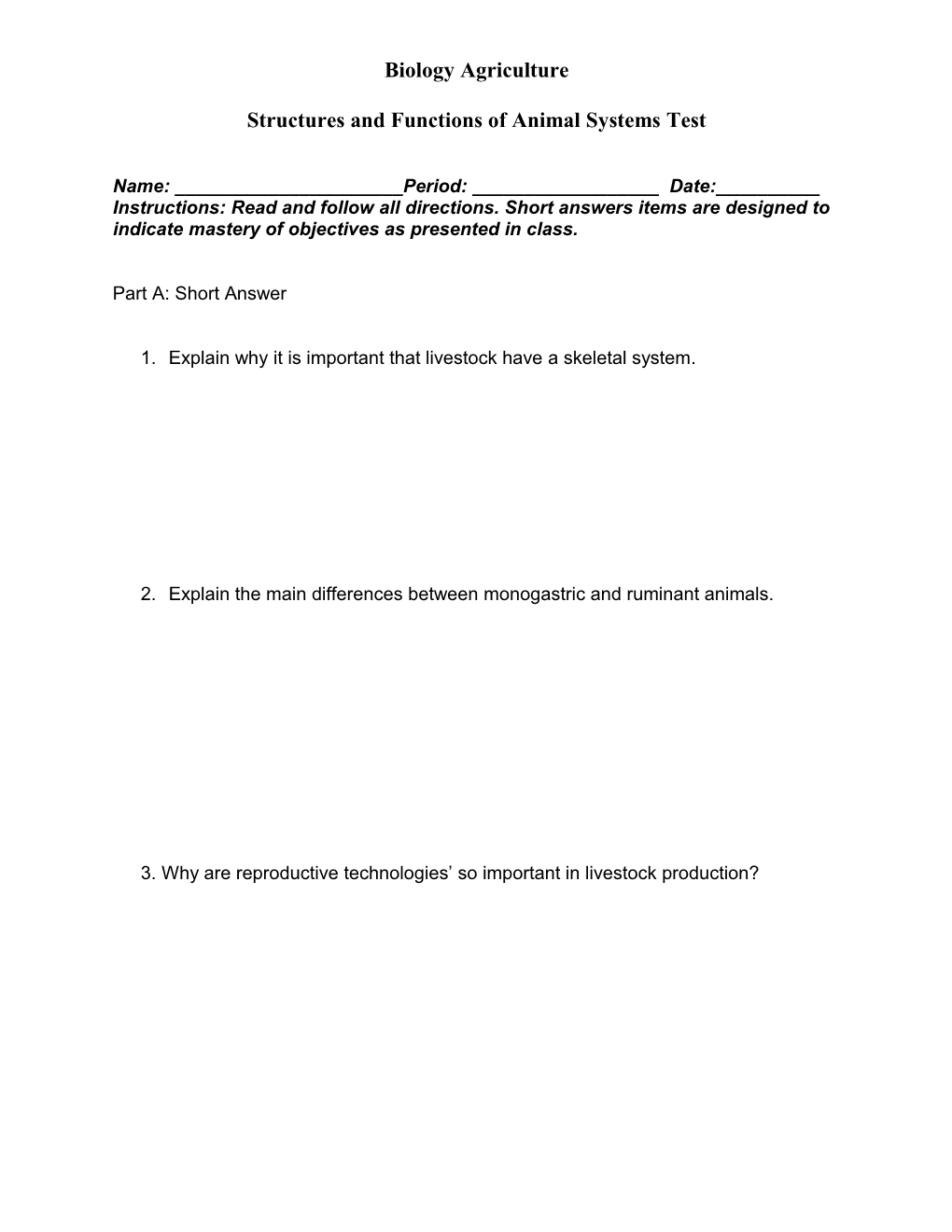 Animal Systems Test Please Answer on a Separate Page