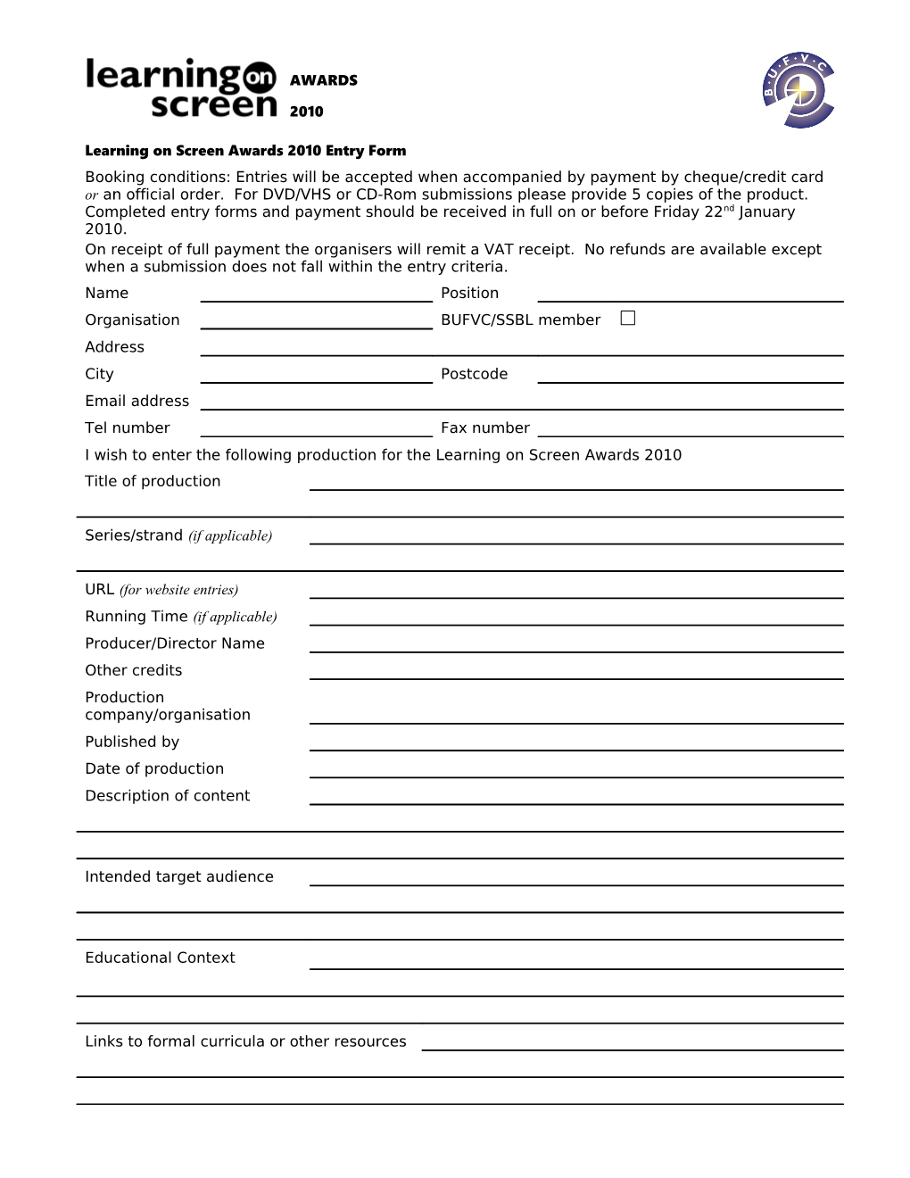 Learning on Screen Awards 2010 Entry Form