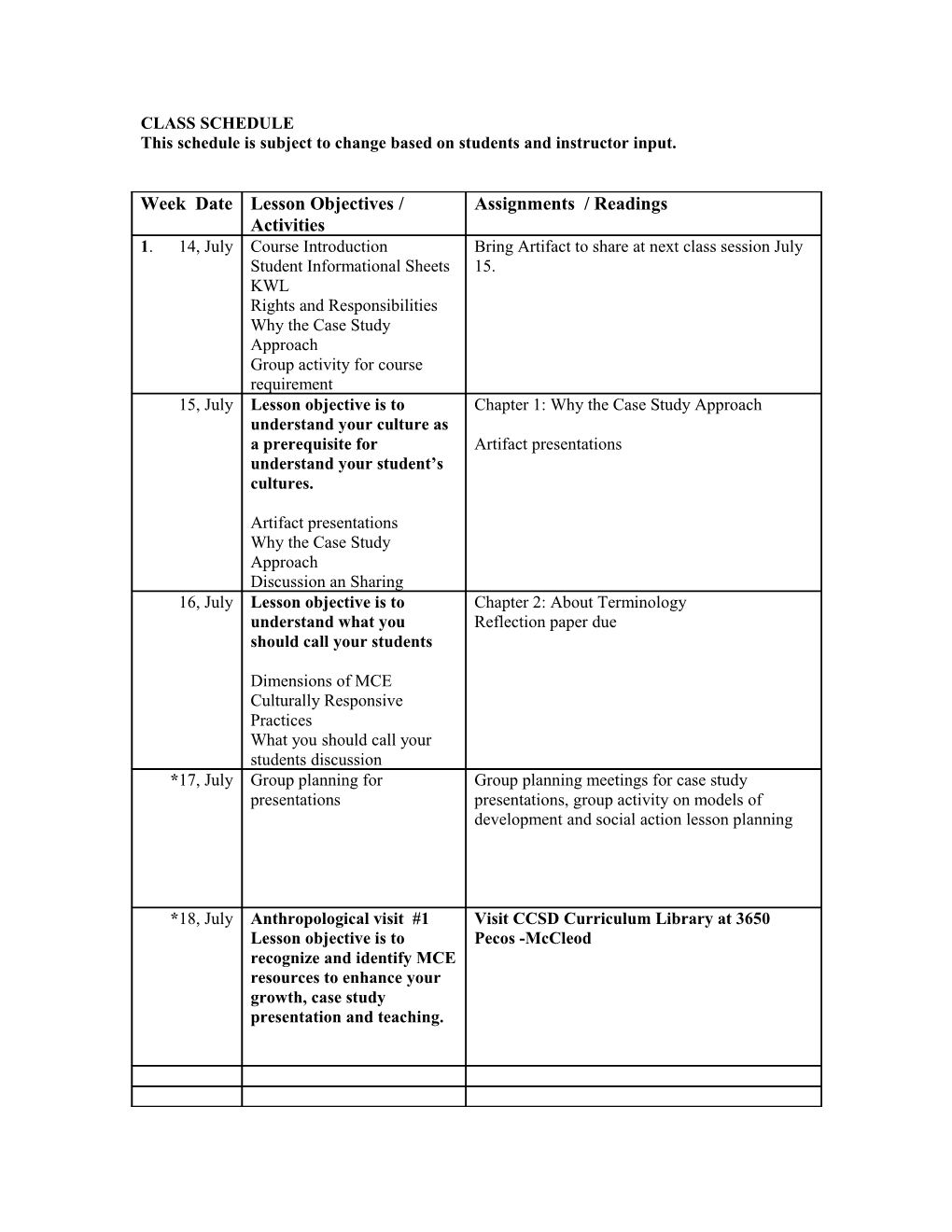 This Schedule Is Subject to Change Based on Students and Instructor Input