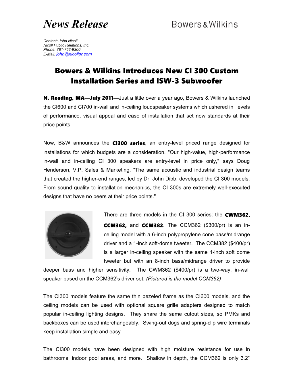Bowers & Wilkins Introduces New CI 300 Custom Installation Series and ISW-3 Subwoofer