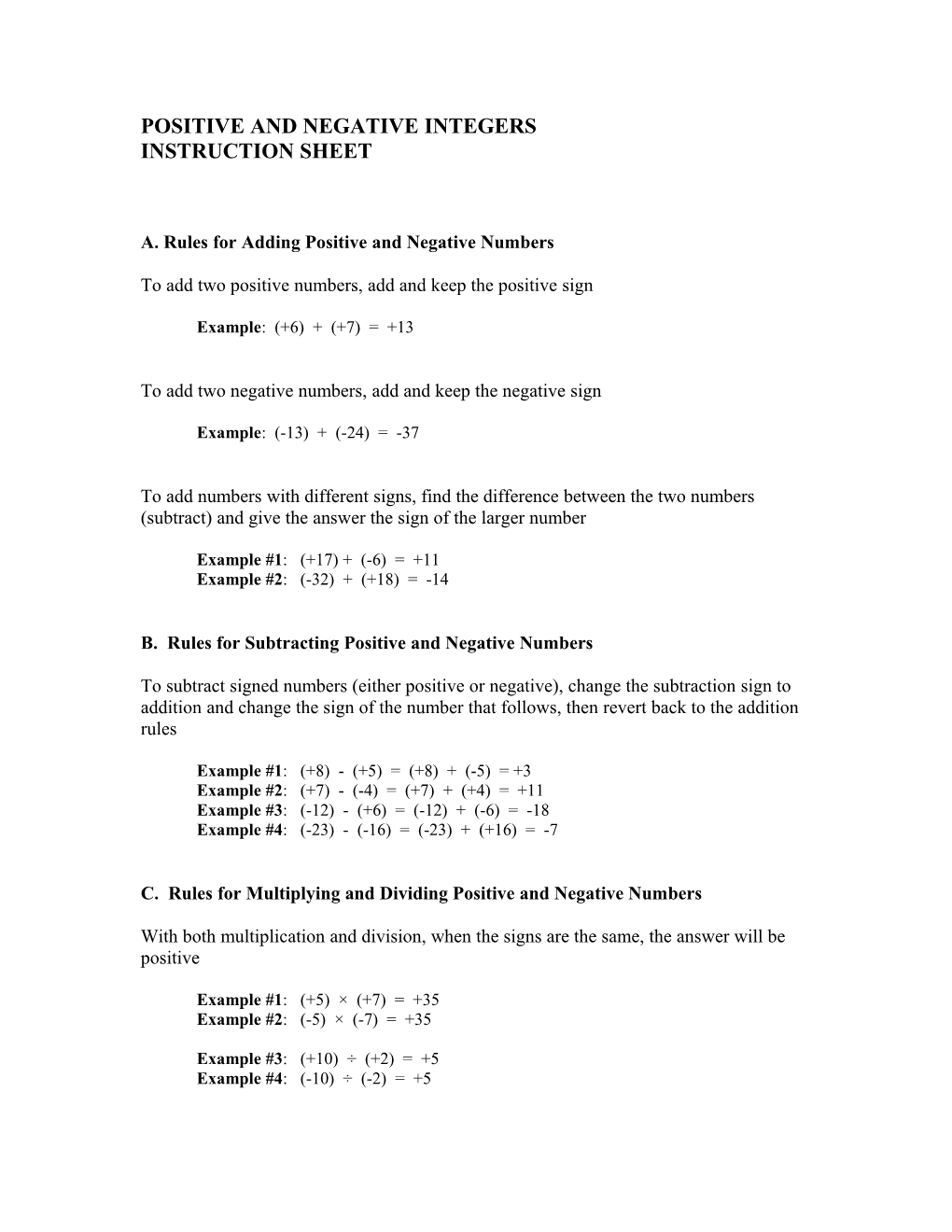 Positive and Negative Integers