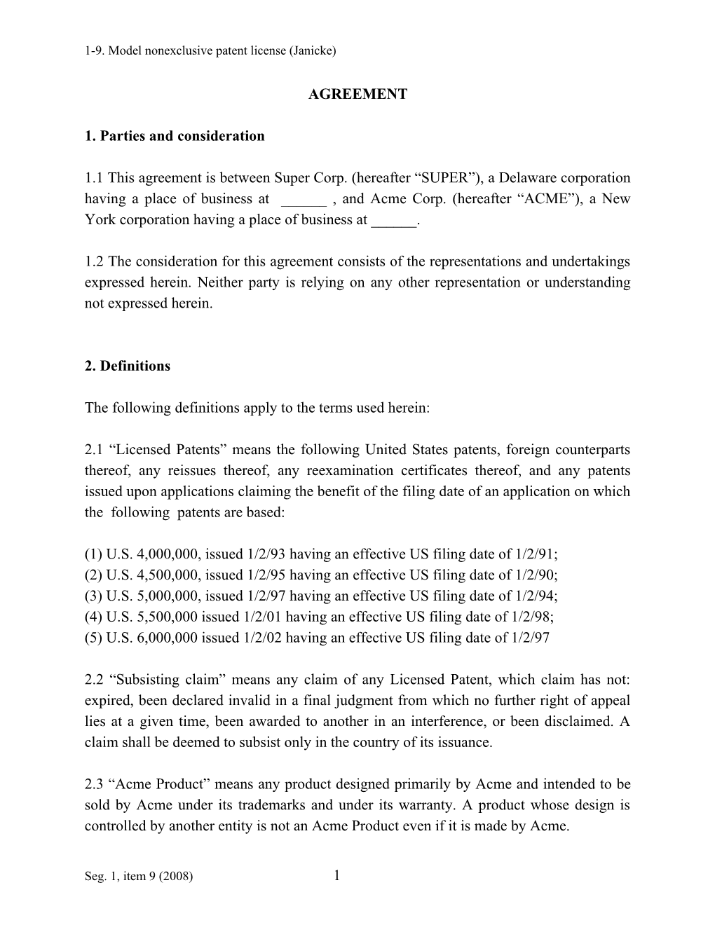 1-9. Model Nonexclusive Patent License (Janicke)