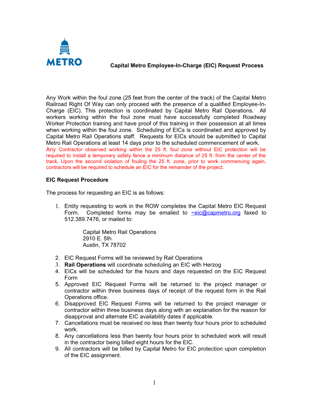 Capital Metro Employee-In-Charge (EIC) Request Process