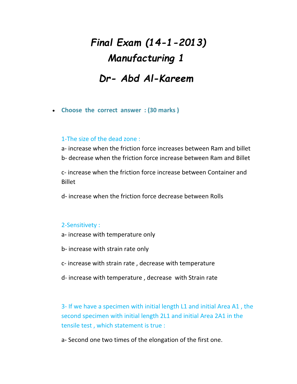 Final Exam(14-1-2013) Manufacturing 1