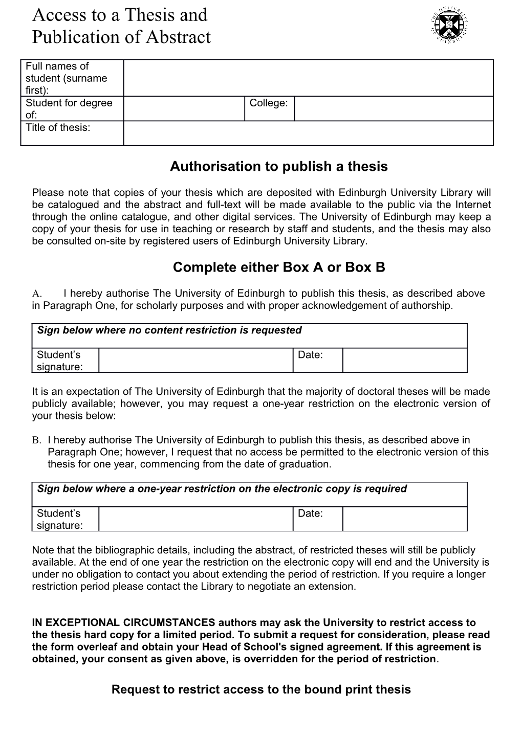 Authorisation to Publish a Thesis