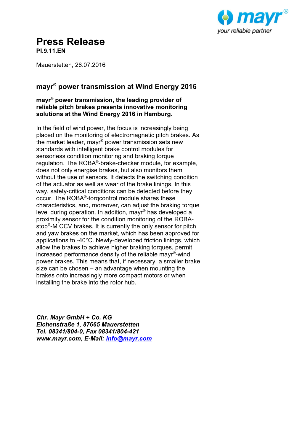 Mayr Power Transmission at Wind Energy 2016