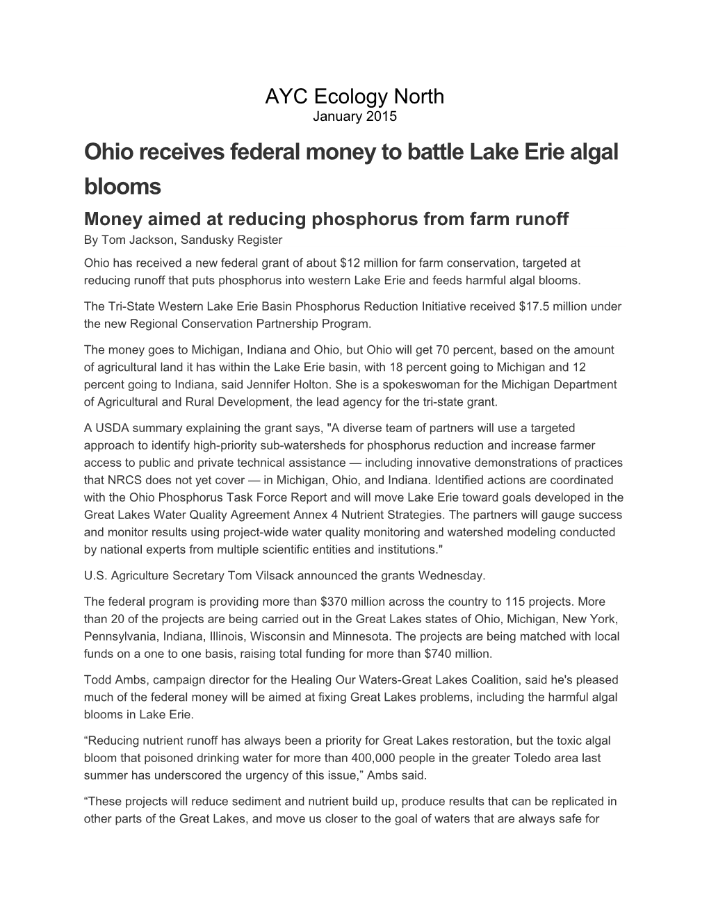 Ohio Receives Federal Money to Battle Lake Erie Algal Blooms