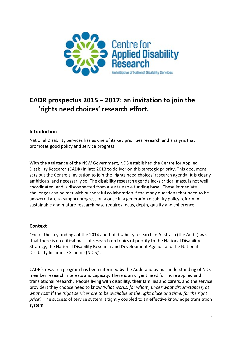 CADR Prospectus 2015 2017: an Invitation to Join the Rights Need Choices Research Effort