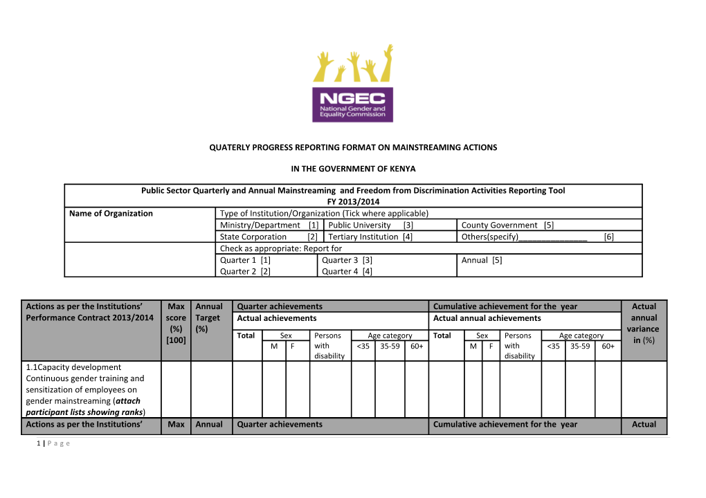 Quaterly Progress Reporting Format on Gender Mainstreaming Actions