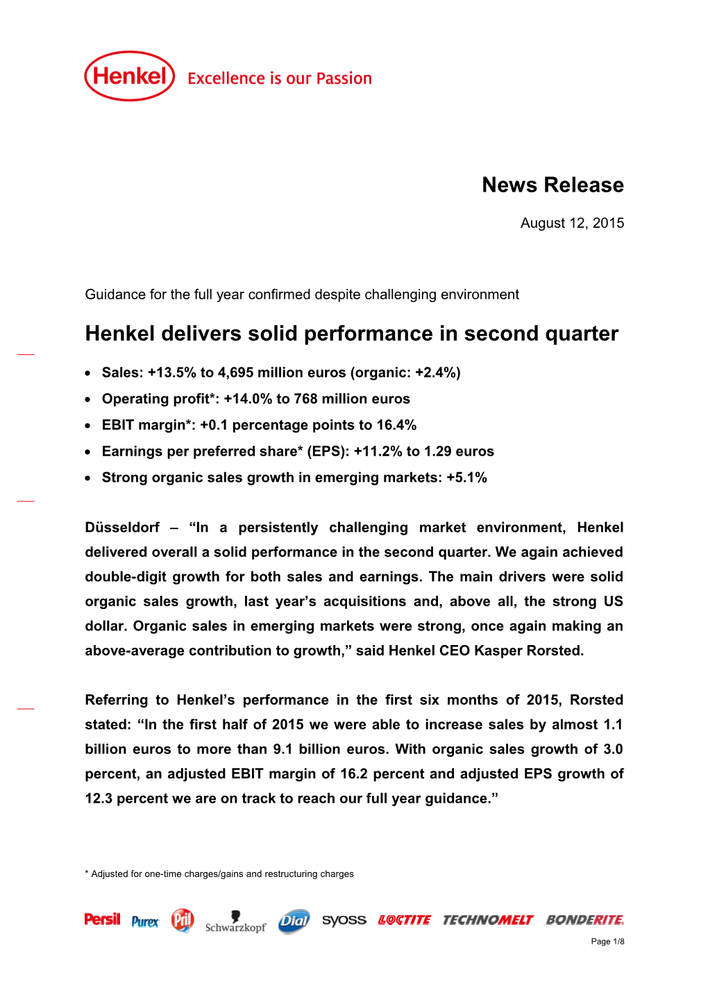 Henkel Delivers Solid Performance in Second Quarter