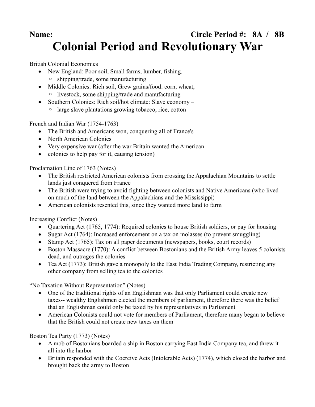 Colonial Period and Revolutionary War