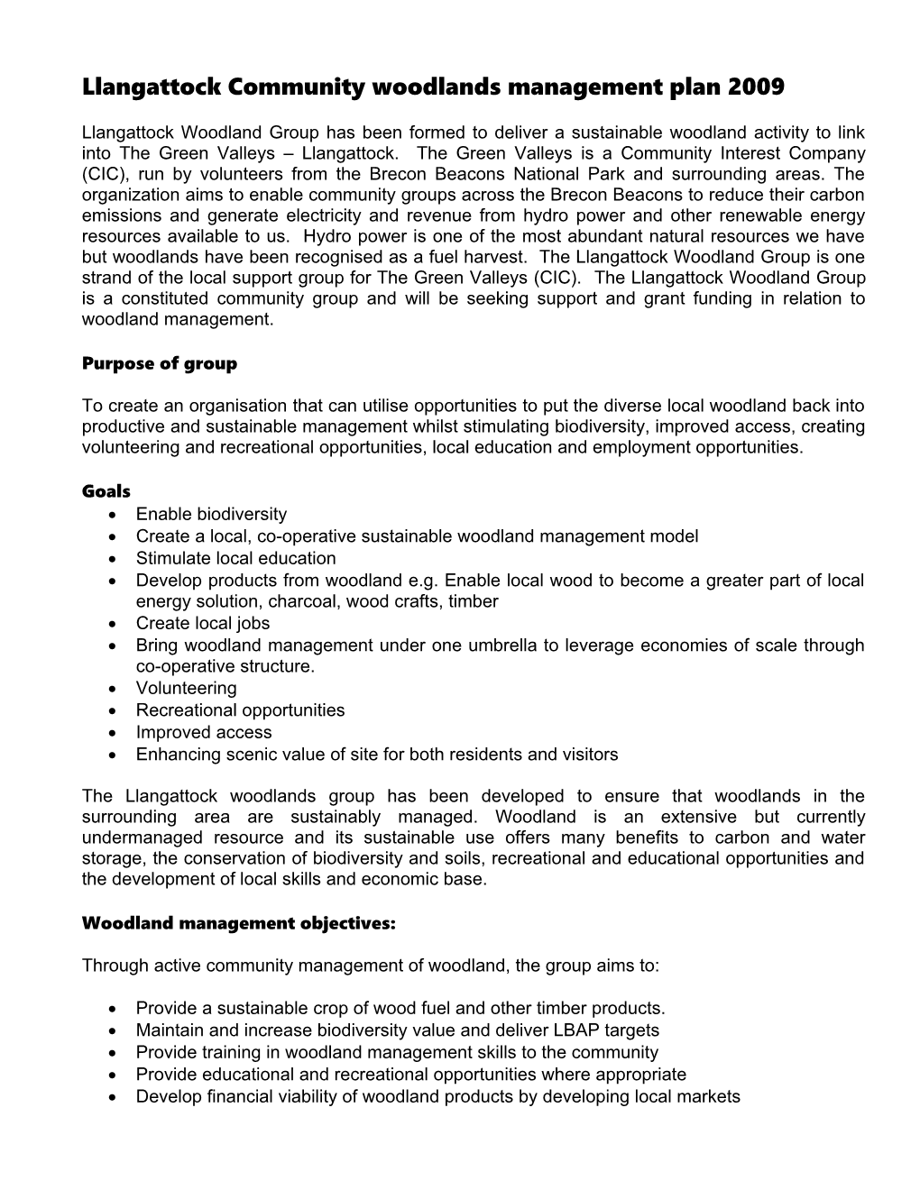 Llangattock Community Woodlands Management Plan 2009