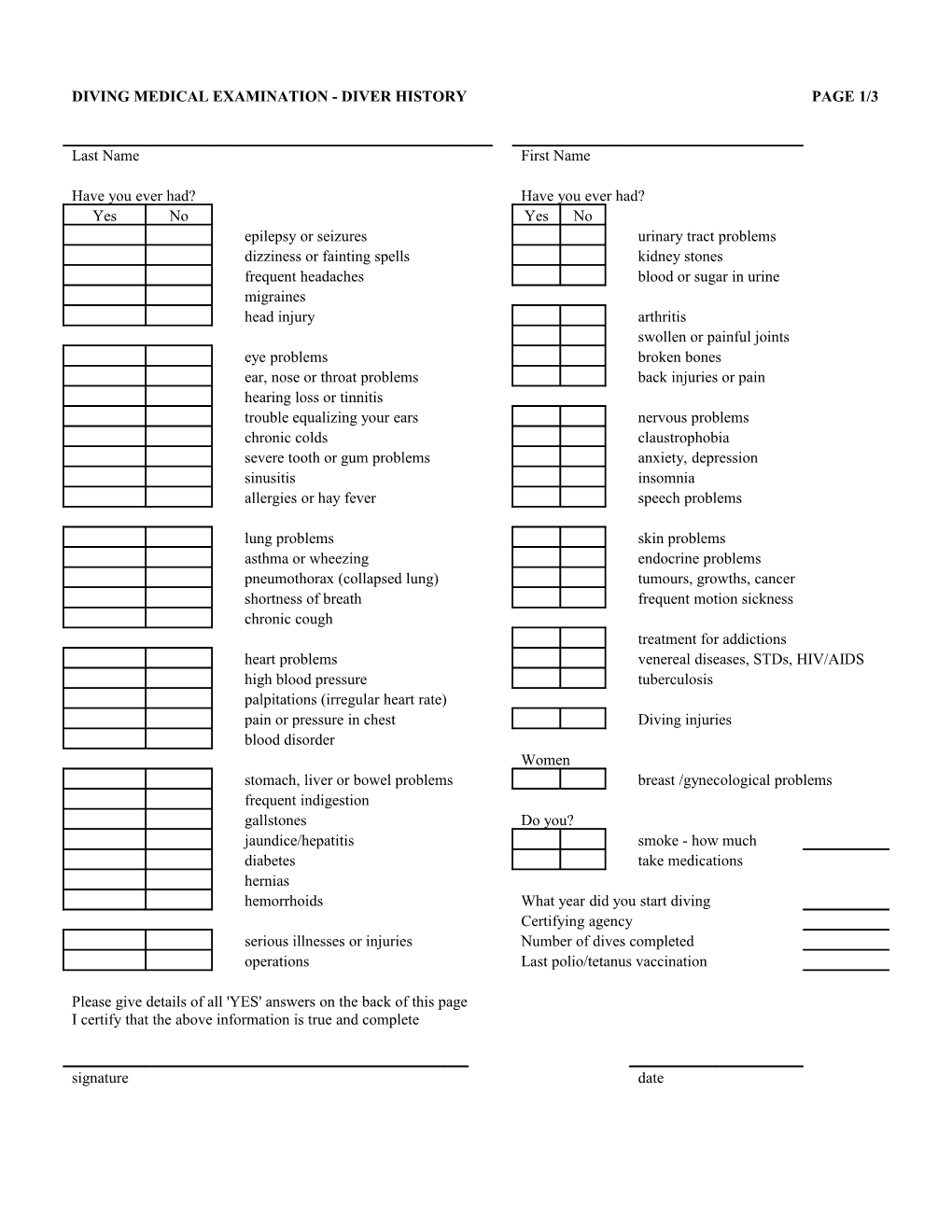 Diving Medical Examination - Diver History