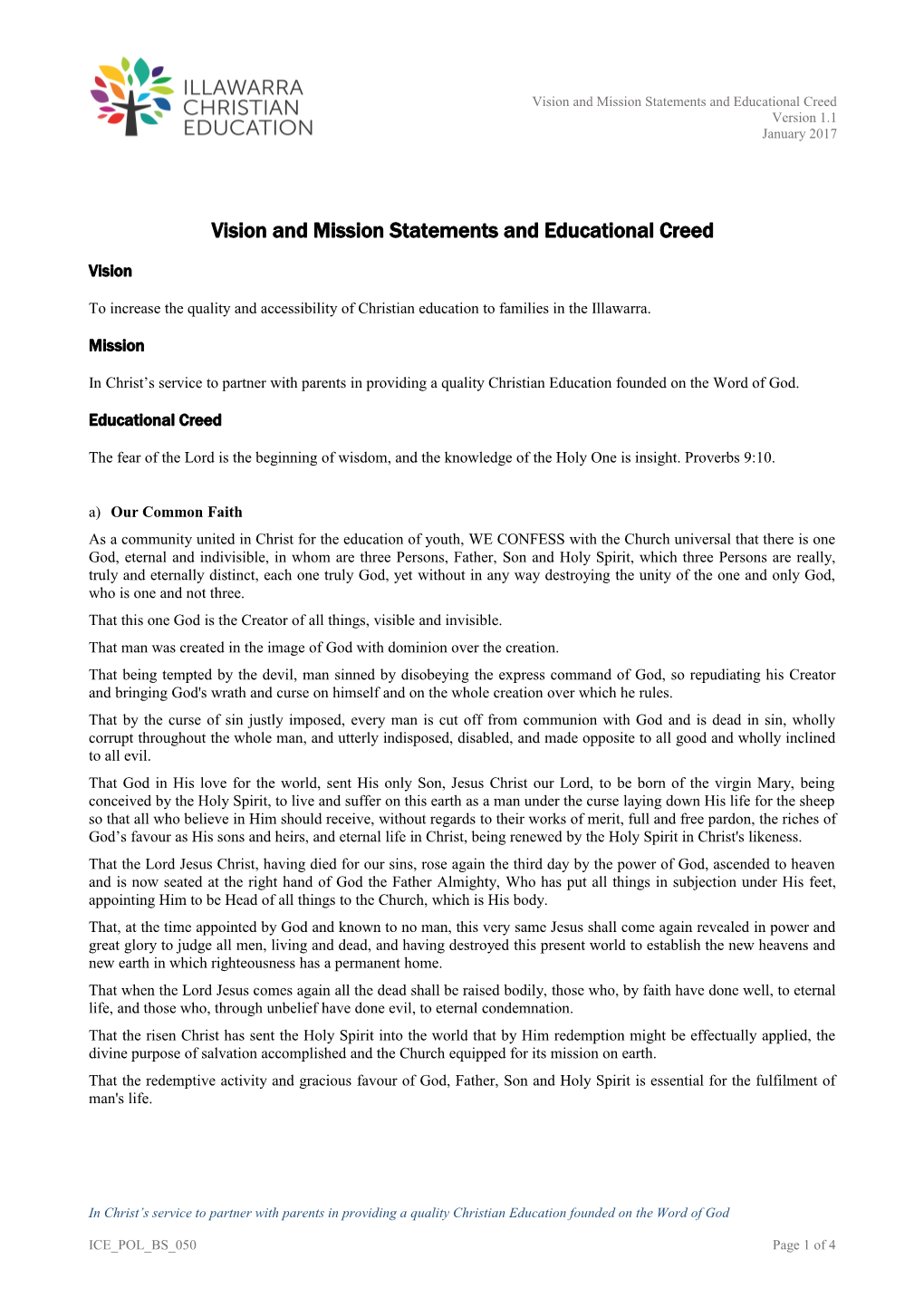 Vision and Mission Statements and Educational Creed