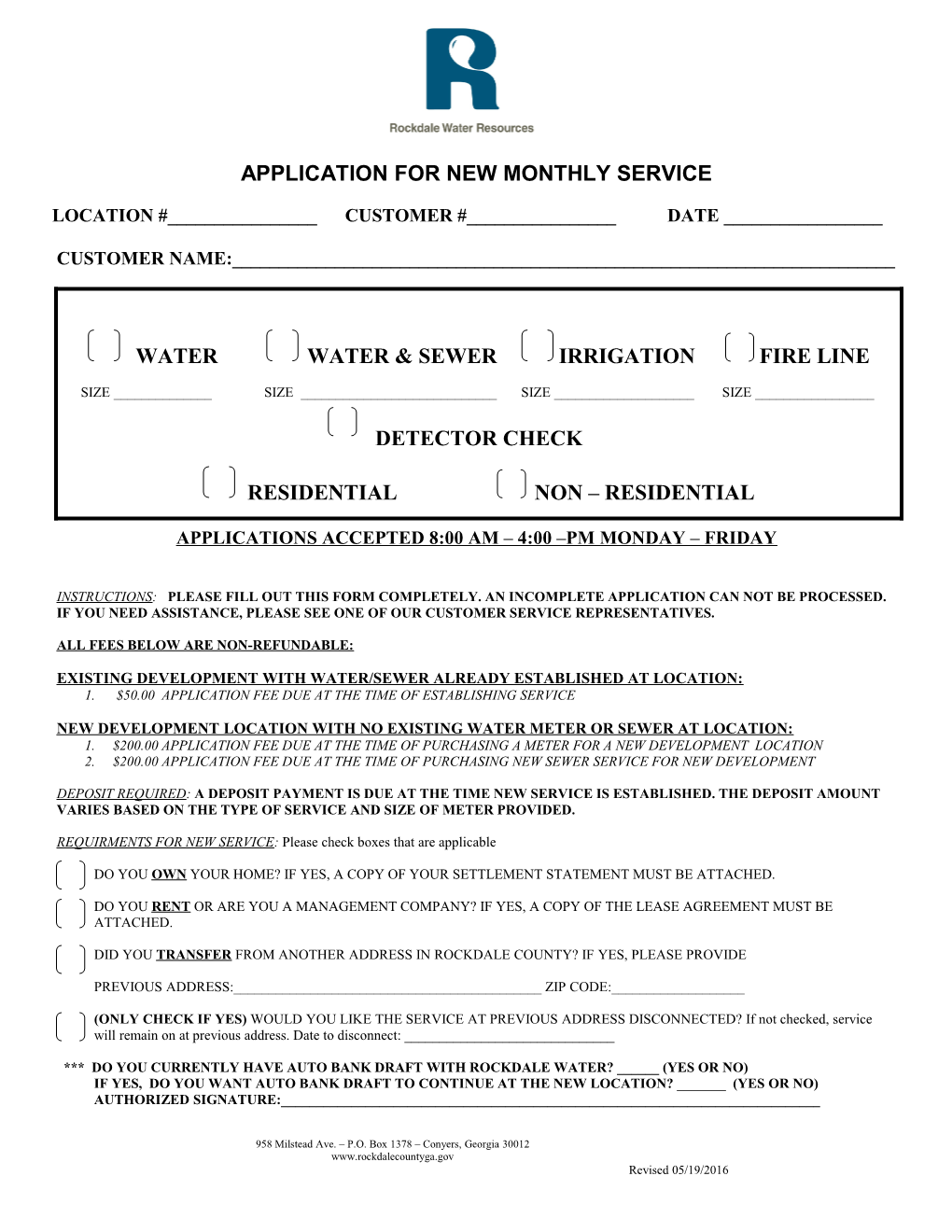 Application for New Monthly Service