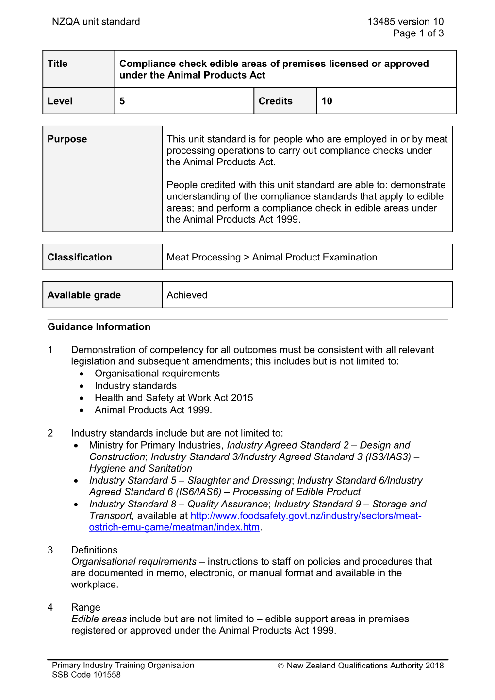 13485 Compliance Check Edible Areas of Premises Licensed Or Approved Under the Animal Products