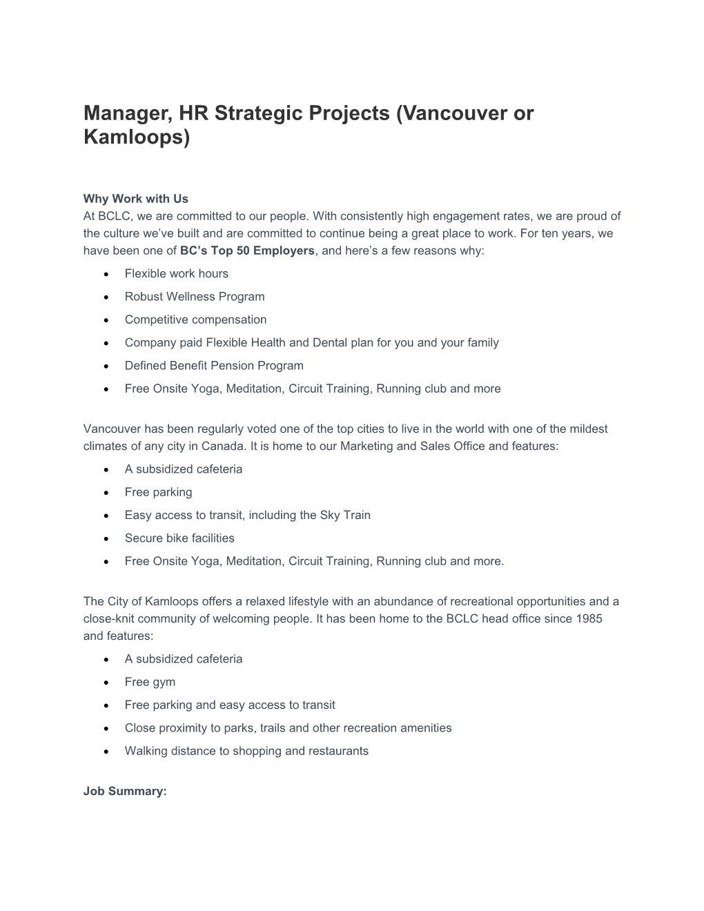 Manager, HR Strategic Projects (Vancouver Or Kamloops)