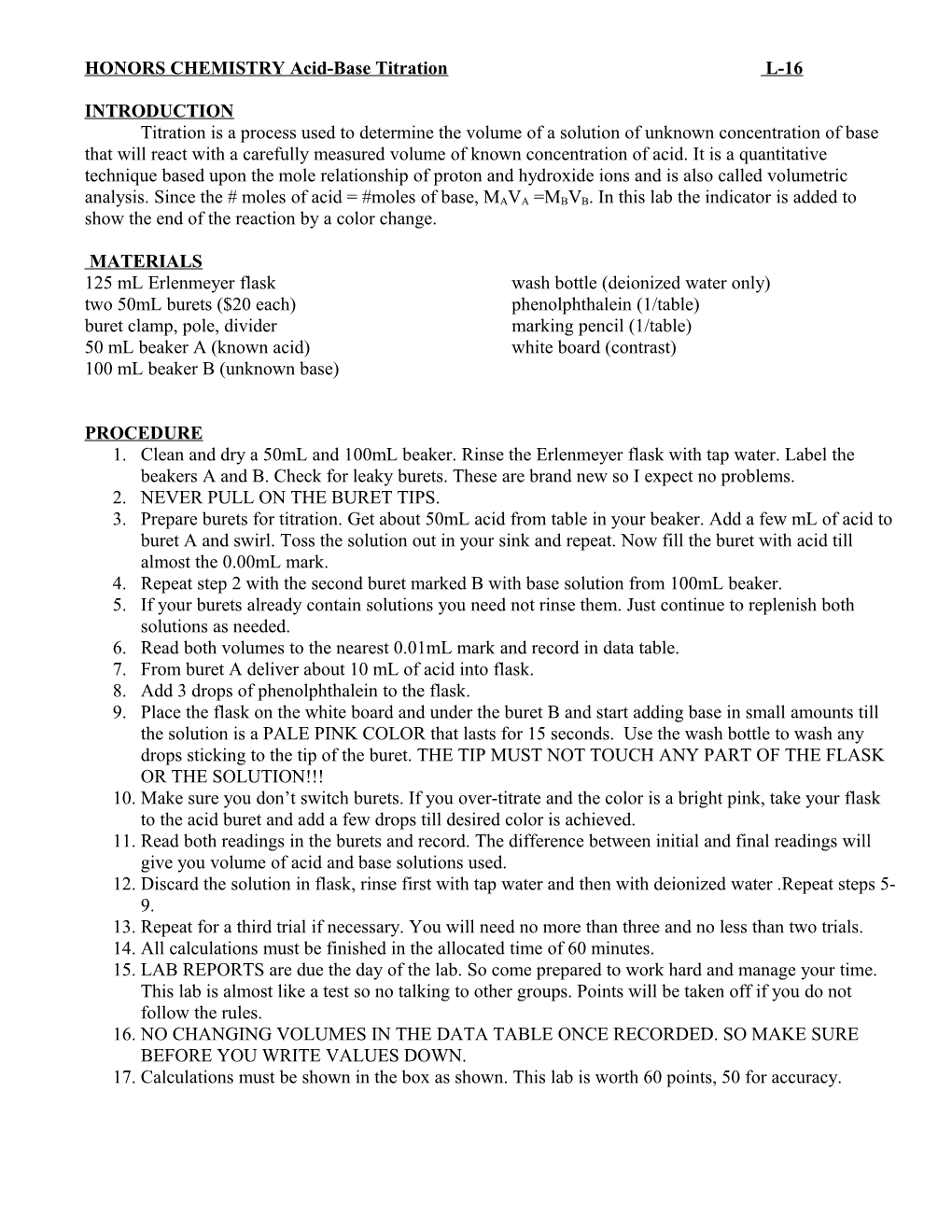 HONORS CHEMISTRY Acid-Base Titration L-16