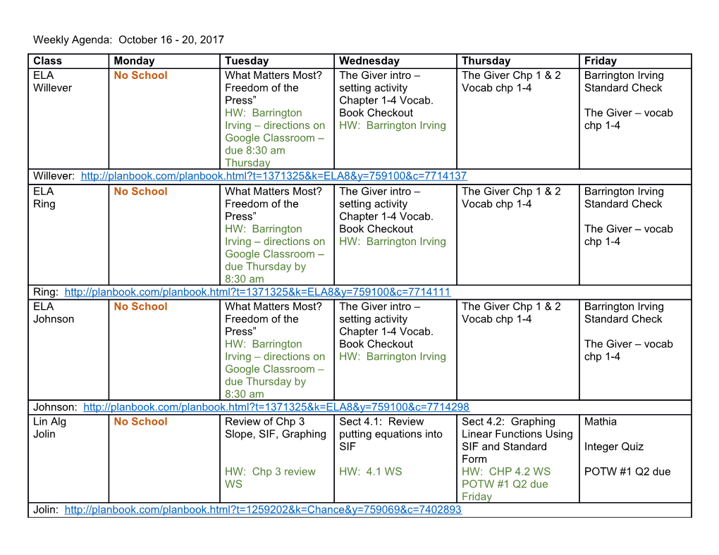 Weekly Agenda: October 16 - 20, 2017