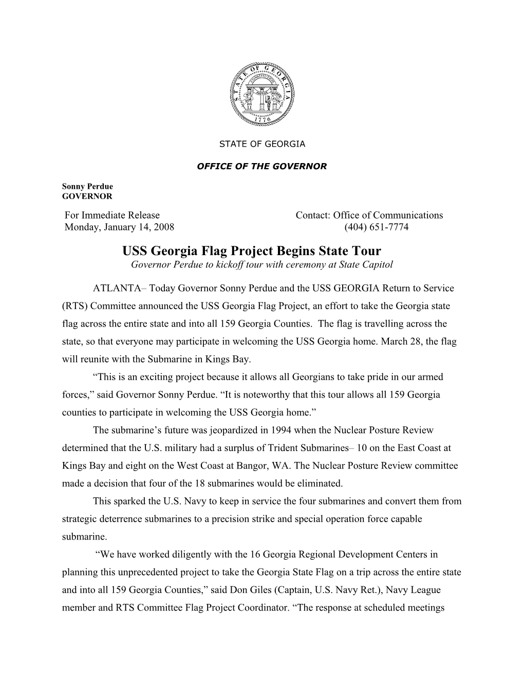 USS Georgia Flag Project Begins State Tour