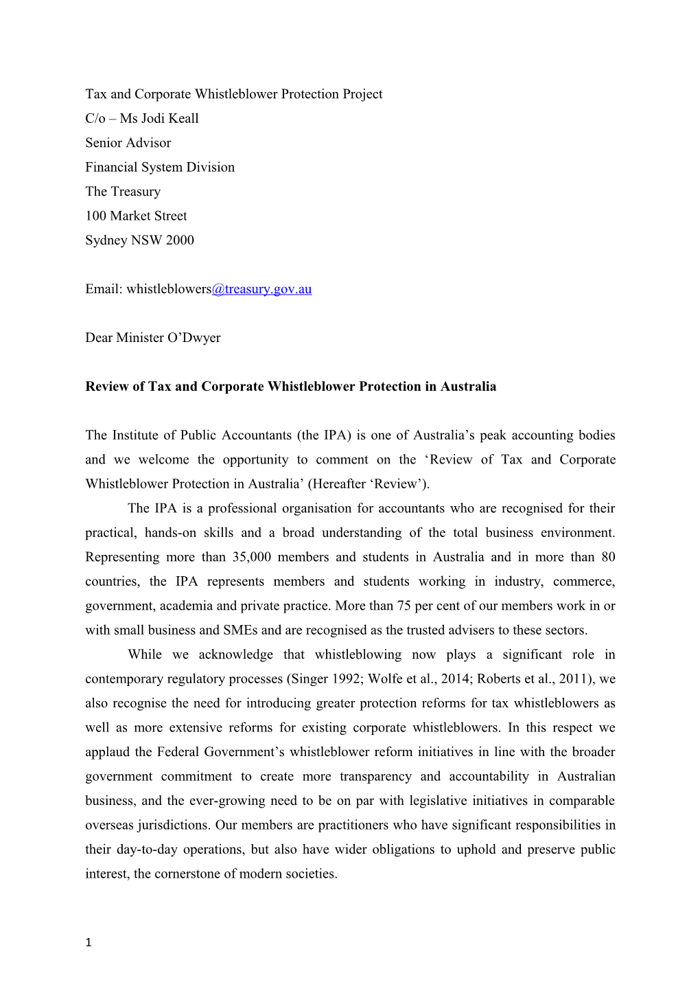 Institute of Public Accountants - Submission in Response To: Review of Tax and Corporate